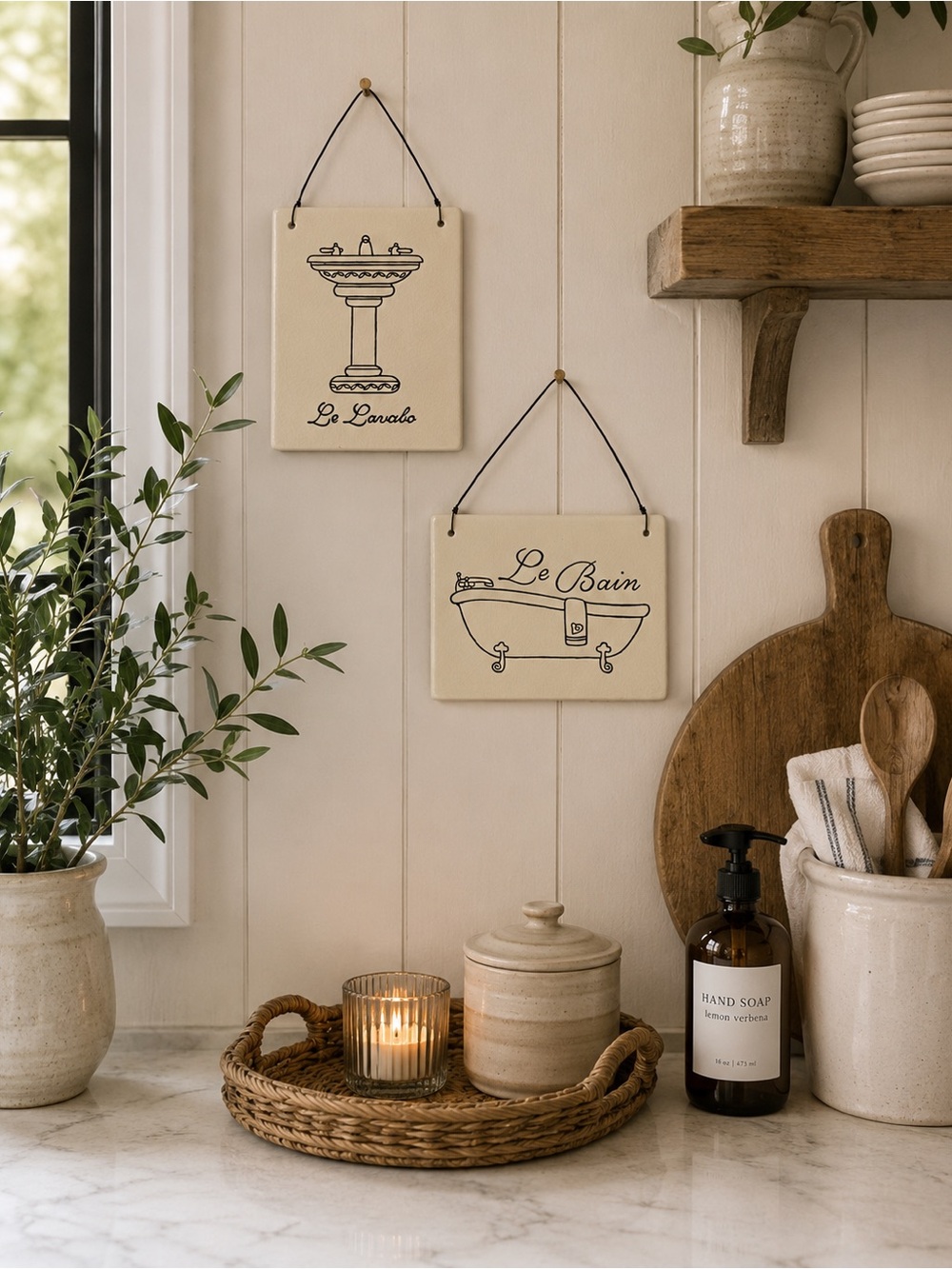 Set of 2 Le Bain & Le Lavabo Ceramic Wall Plaques - Cream Bathroom Signs